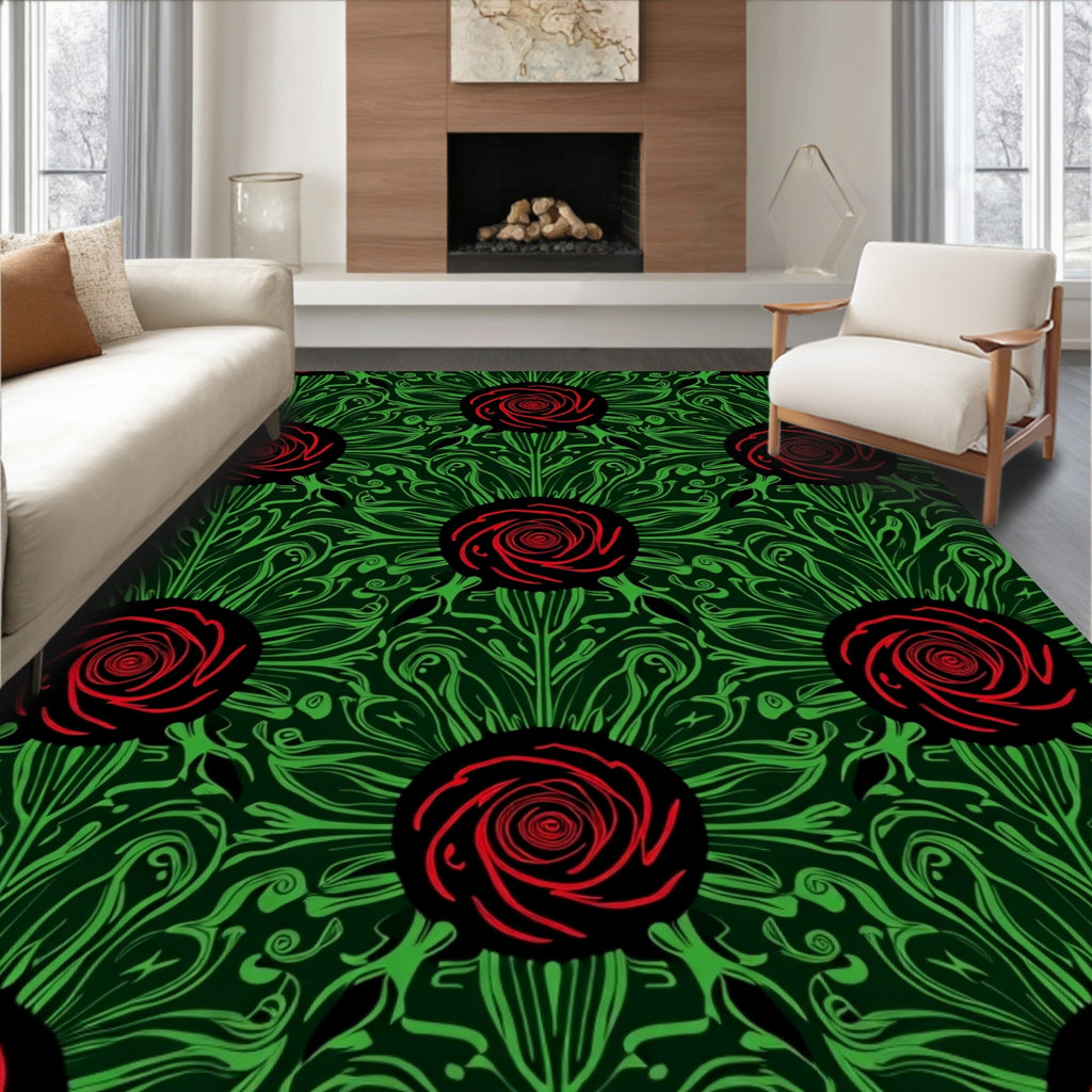 Dark Emerald Red Rose Swirls Rug