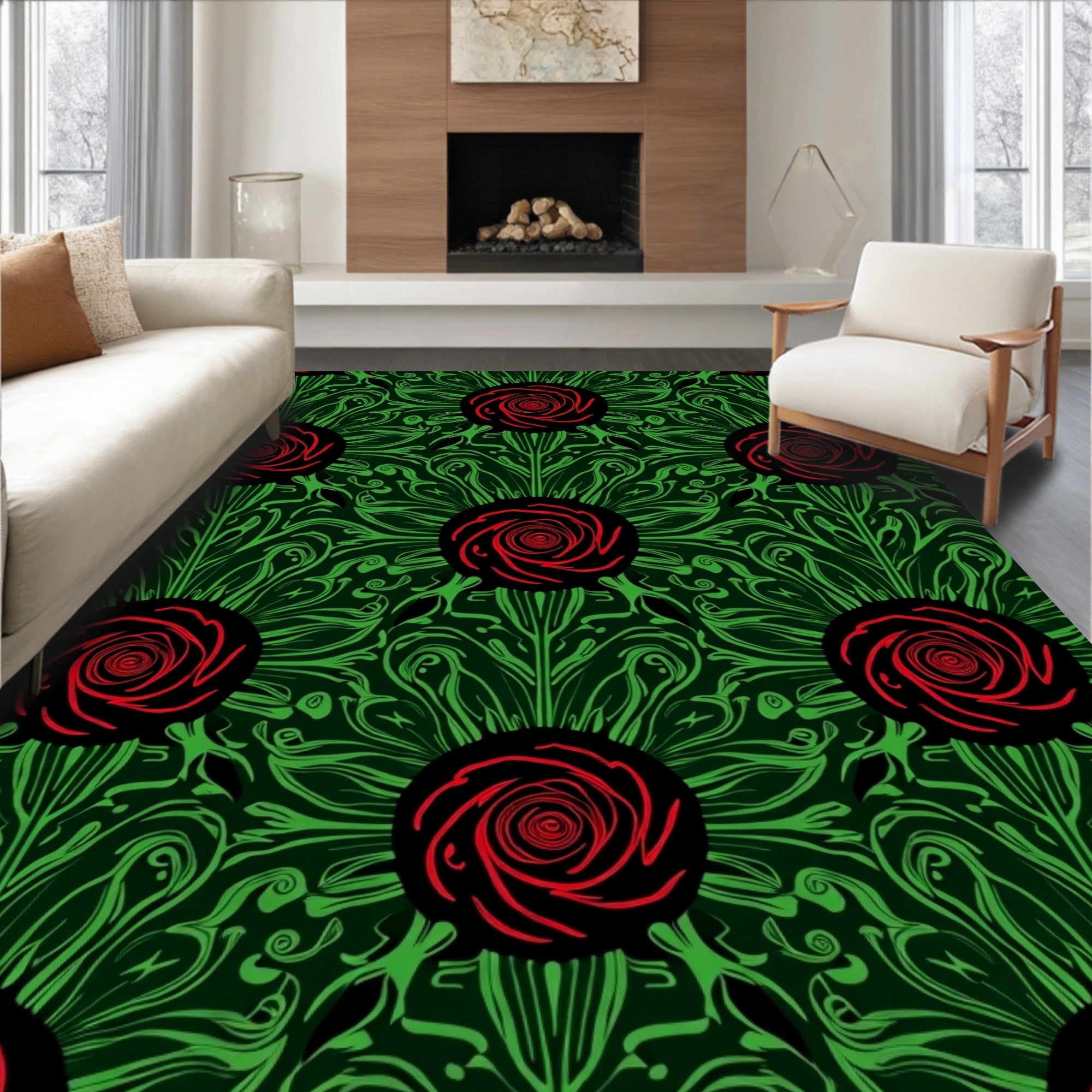 Dark Emerald Red Rose Swirls Rug