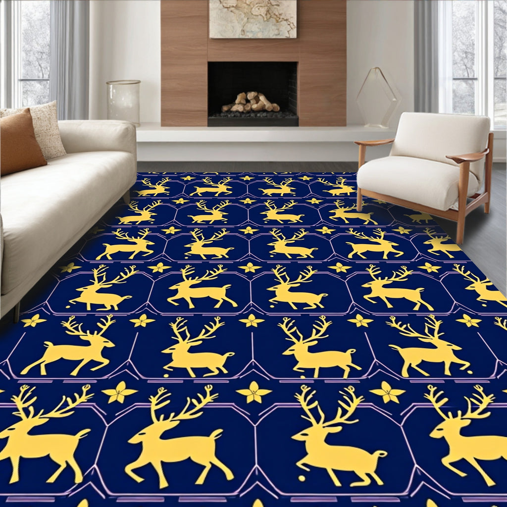 Golden Reindeer Navy Floral Medallion Rug