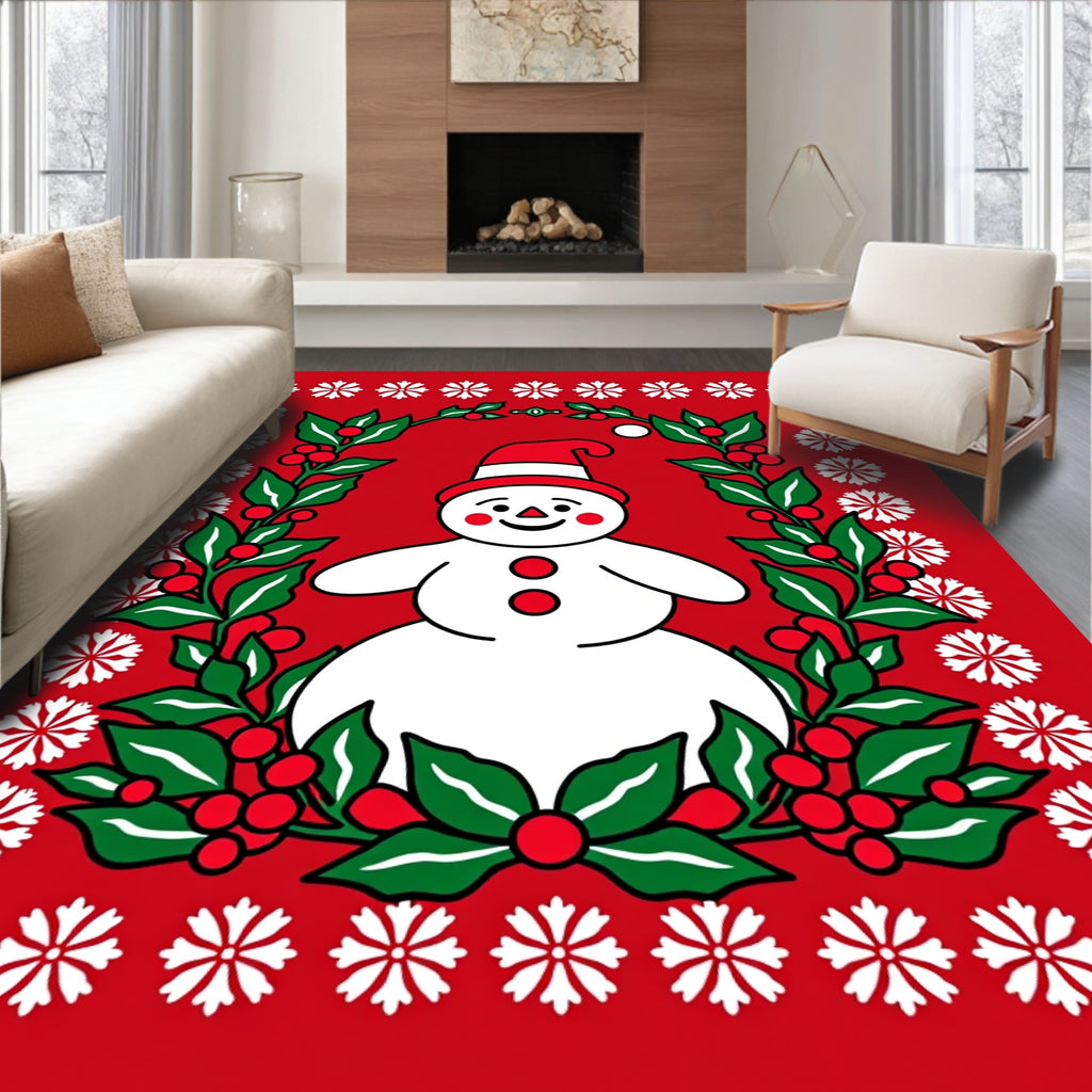 Festive Snowman Holly Wreath Rug