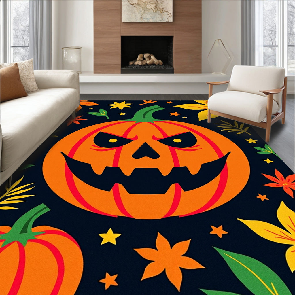 Spooky Orange Pumpkin Autumn Leaves Rug