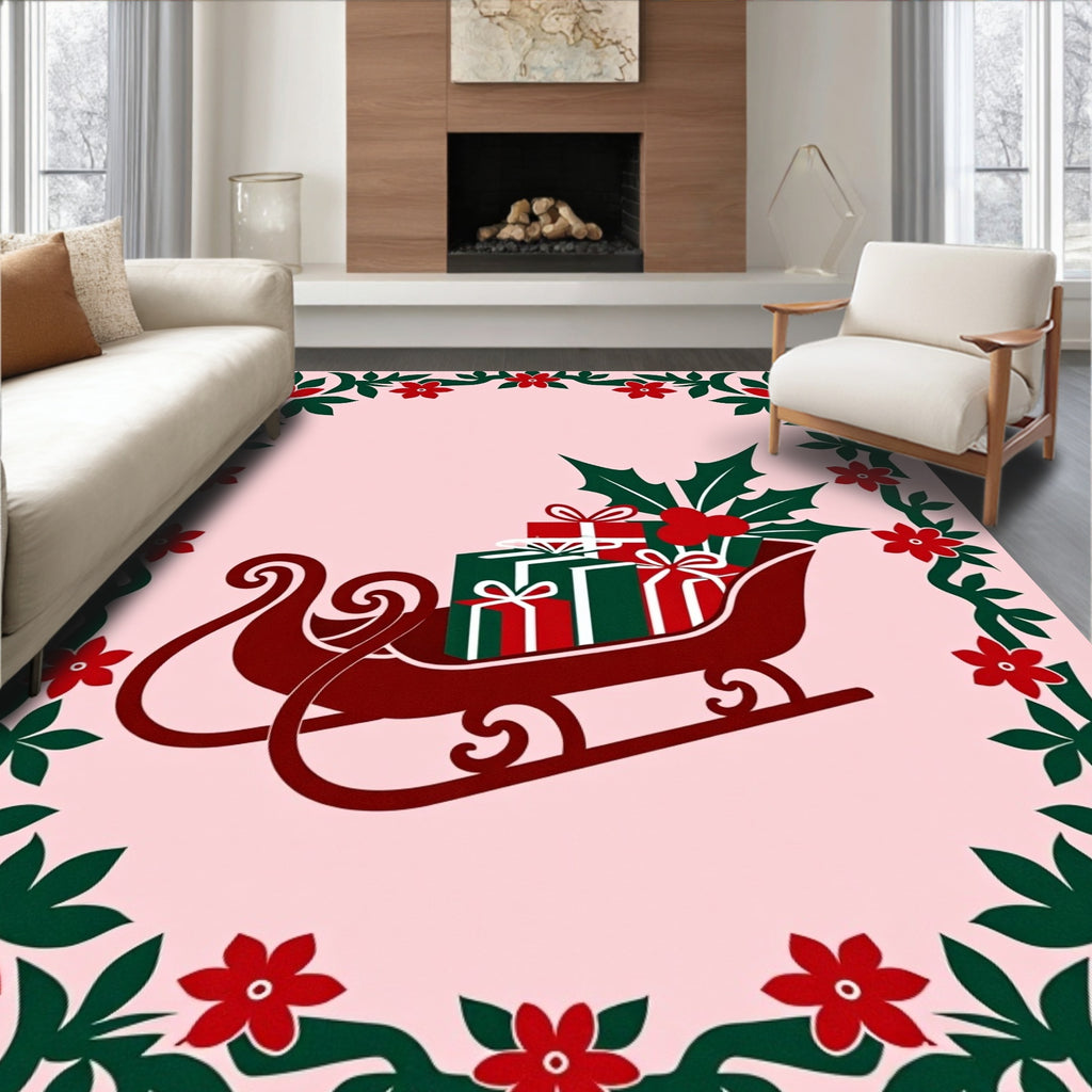 Festive Red Green Sleigh Gifts Garland Rug