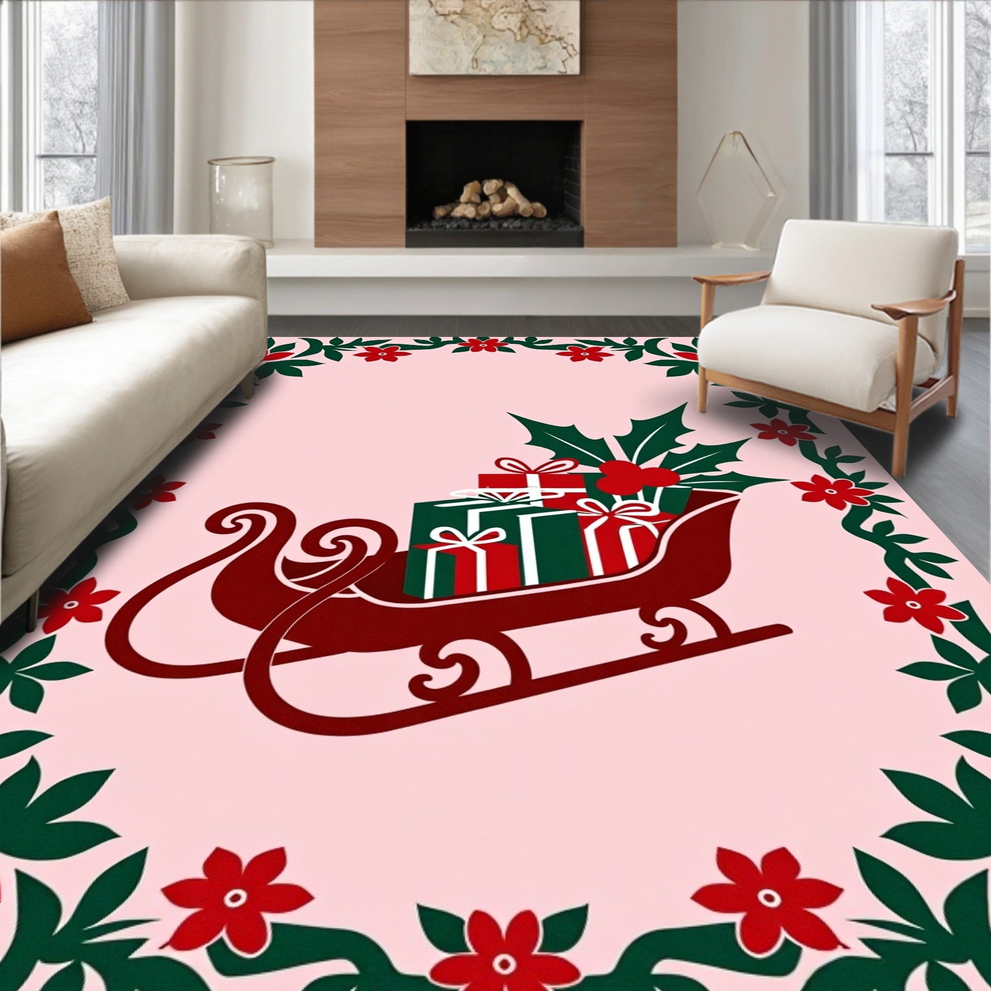 Festive Red Green Sleigh Gifts Garland Rug
