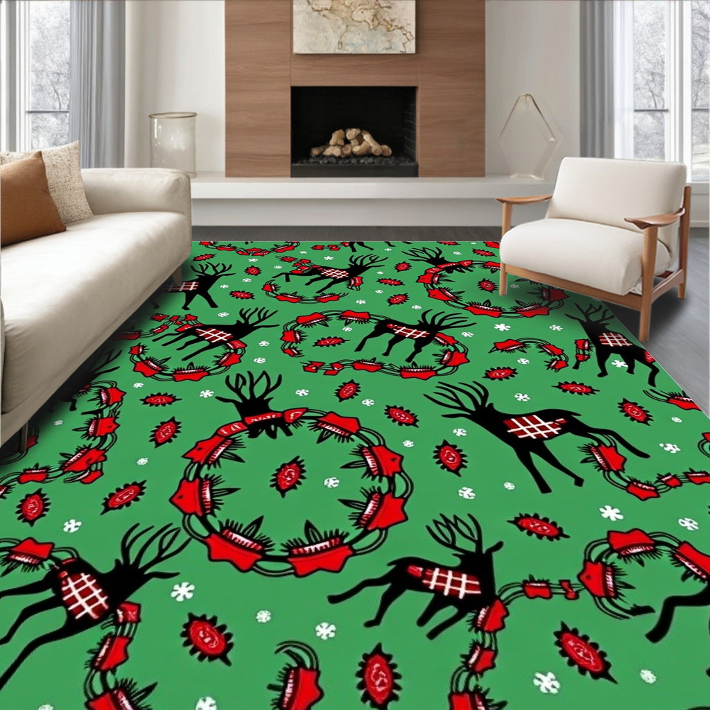 Green Reindeer Red Wreath Collage Rug
