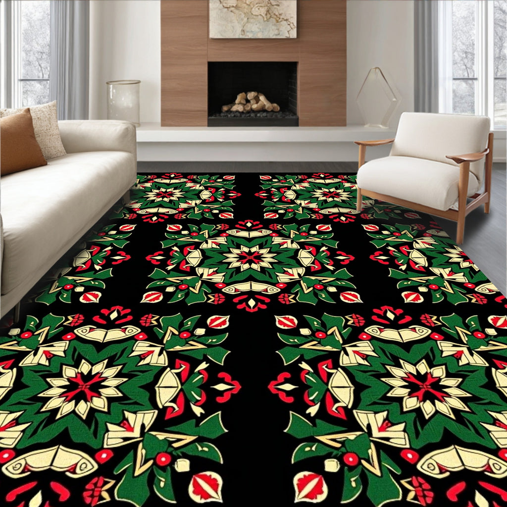 Festive Green Red Floral Medallion Rug