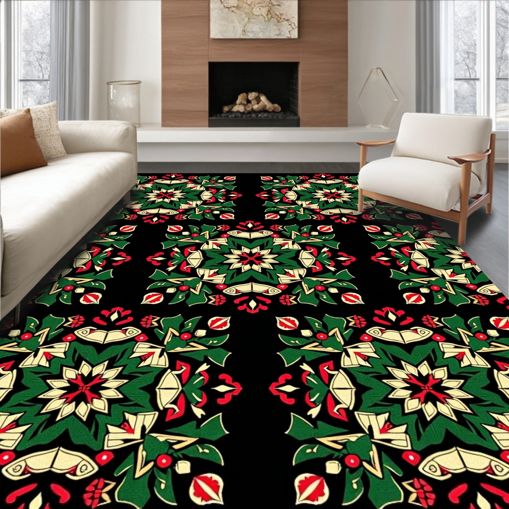 Festive Green Red Floral Medallion Rug
