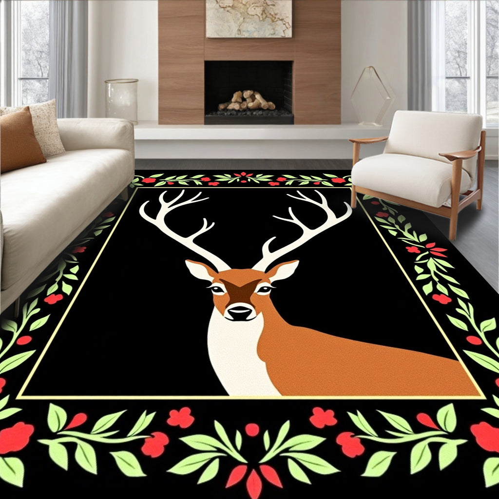 Elegant Deer And Floral Border Rug
