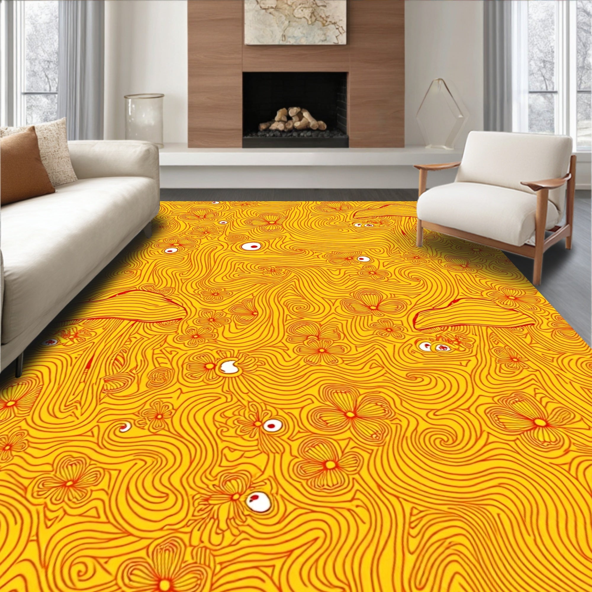 Whimsical Yellow Mushroom Floral Eyes Rug