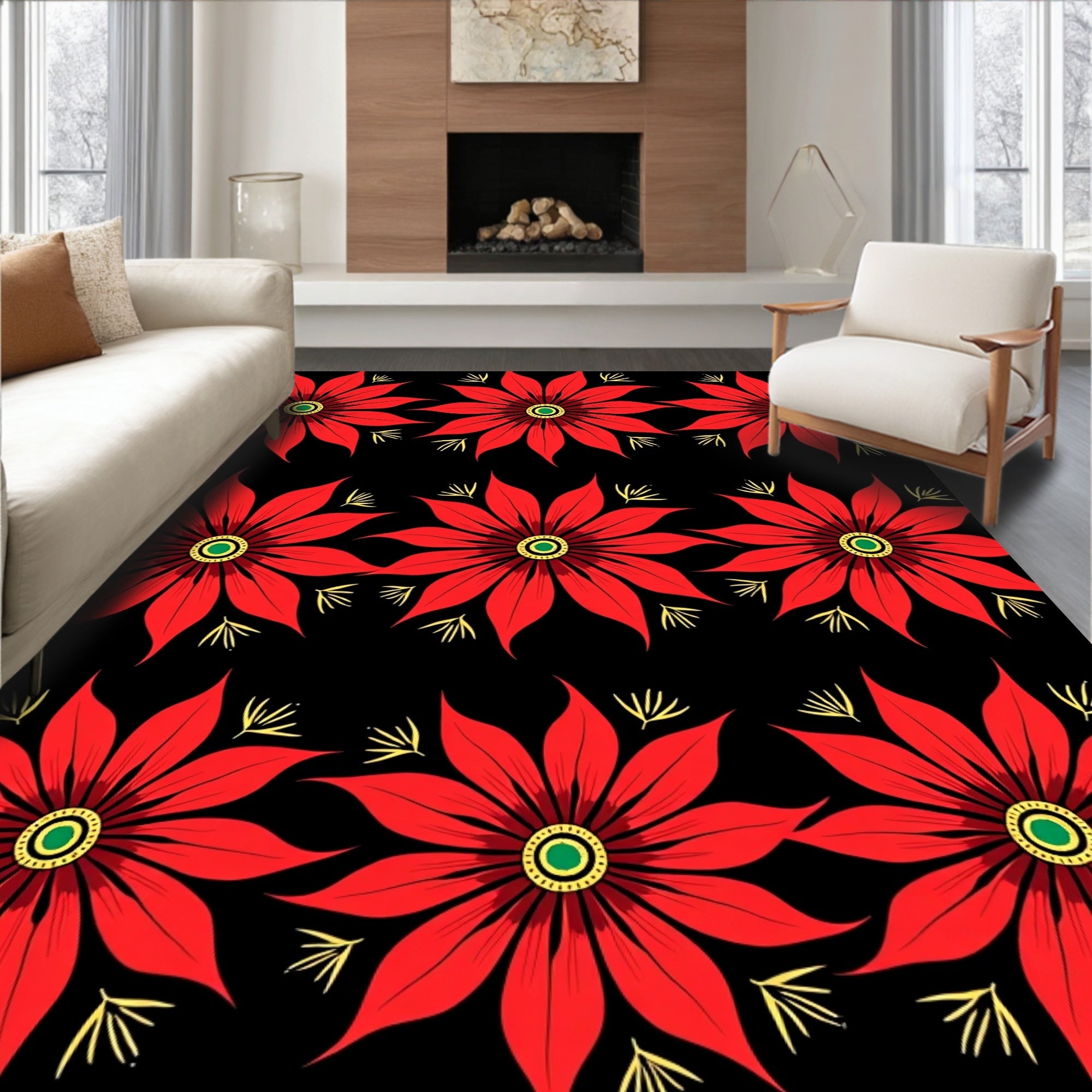 Bold Red Poinsettia Floral Arrangement Rug