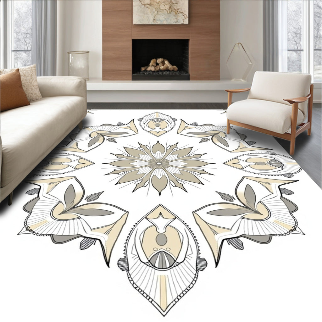 Neutral Beige Symmetrical Mandala Rug