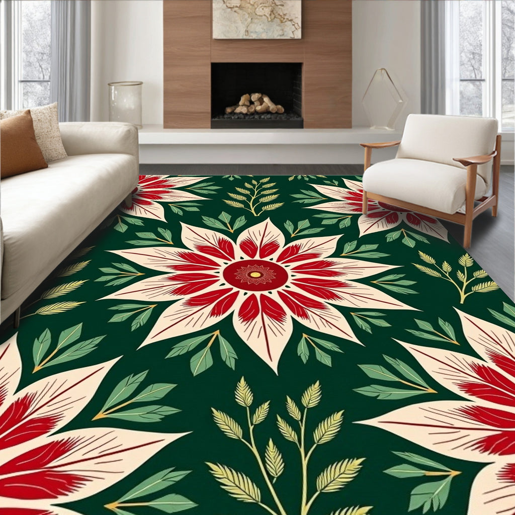 Crimson Ivory Floral Branch Green Rug