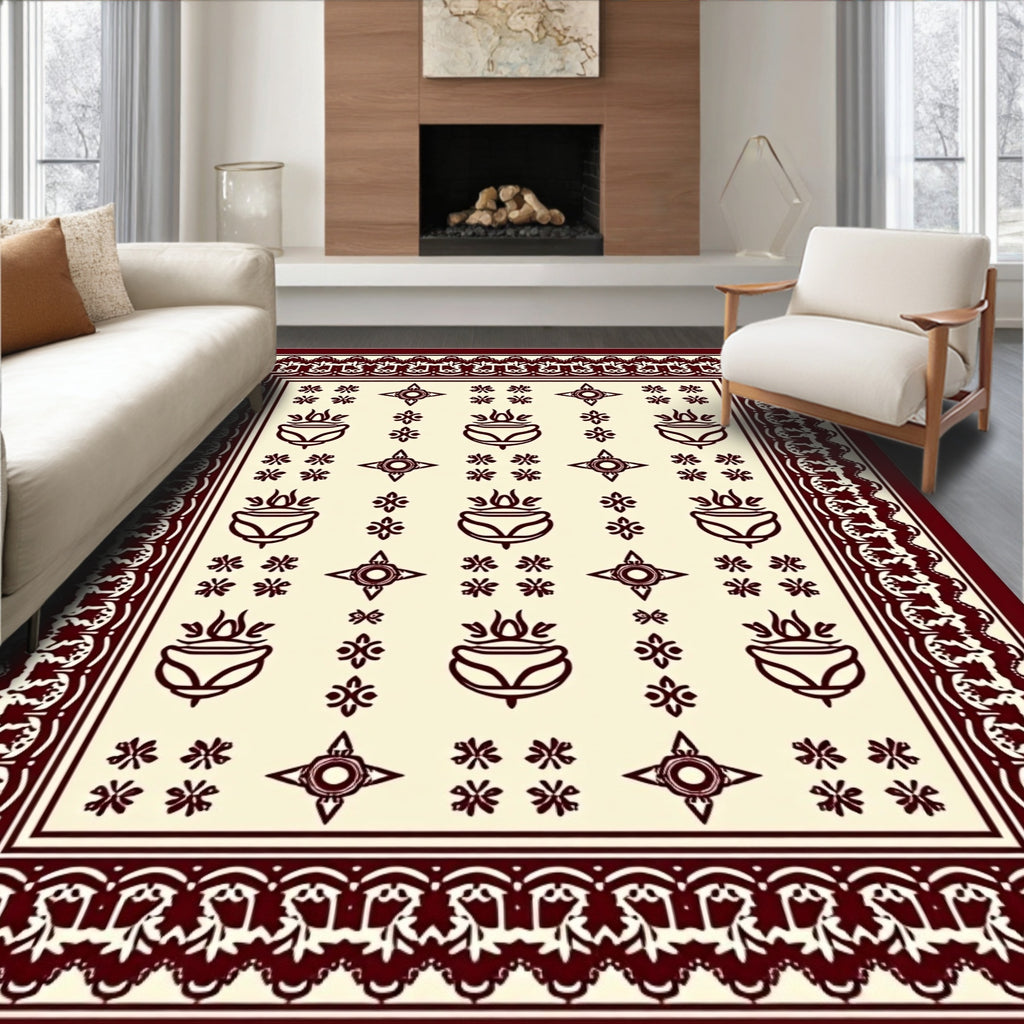 Burgundy Cream Floral Medallion Border Rug