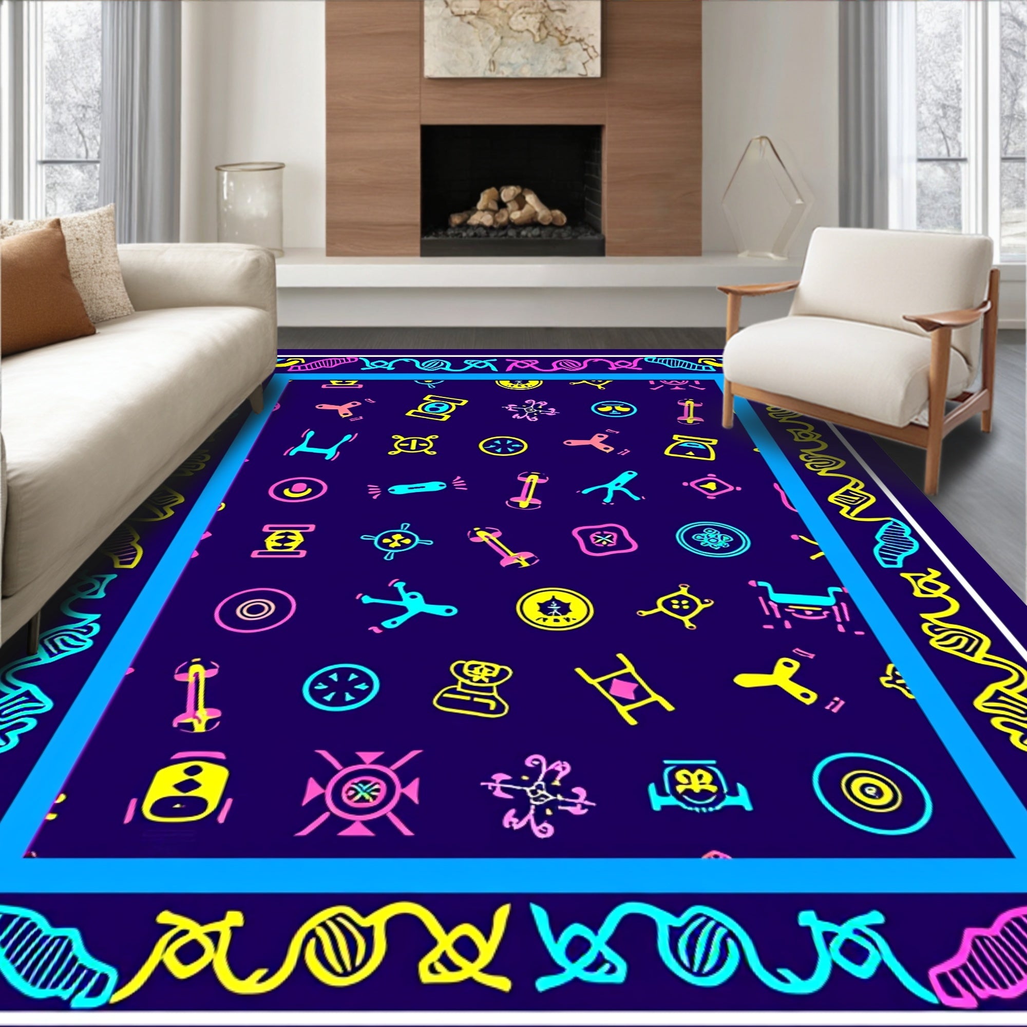 Vibrant Neon Science Icons Collage Rug