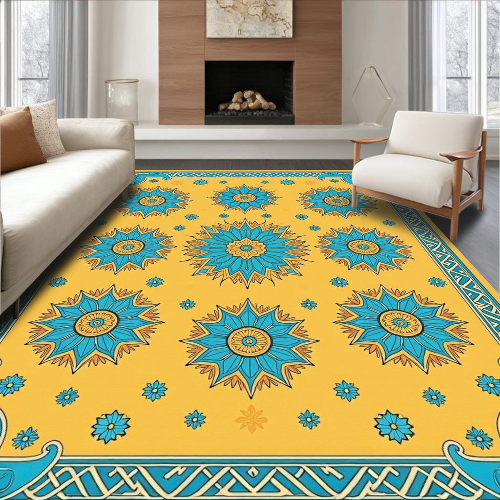Golden Yellow Floral Medallion Border Rug