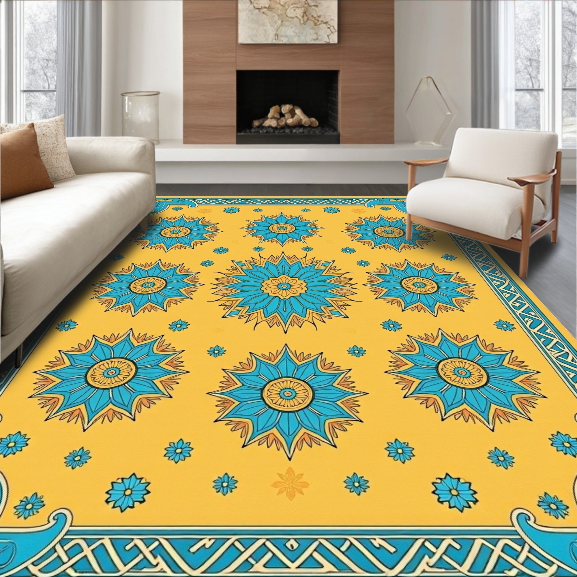 Golden Yellow Floral Medallion Border Rug