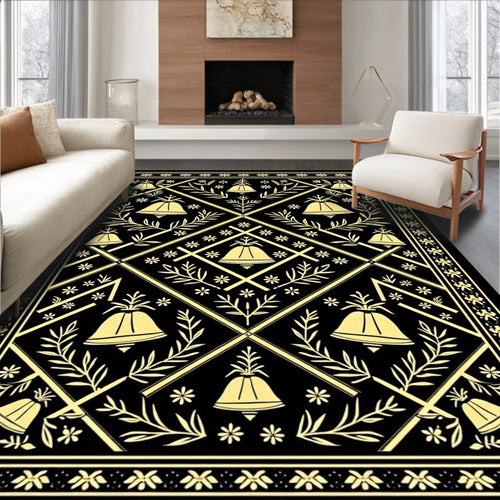 Black and Gold Bell Floral Lattice Rug