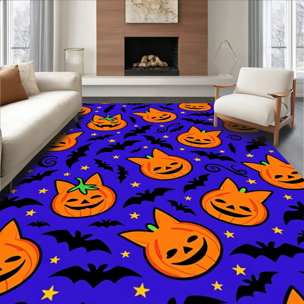 Spooky Orange Jack-o'-lantern Bat Stars Rug