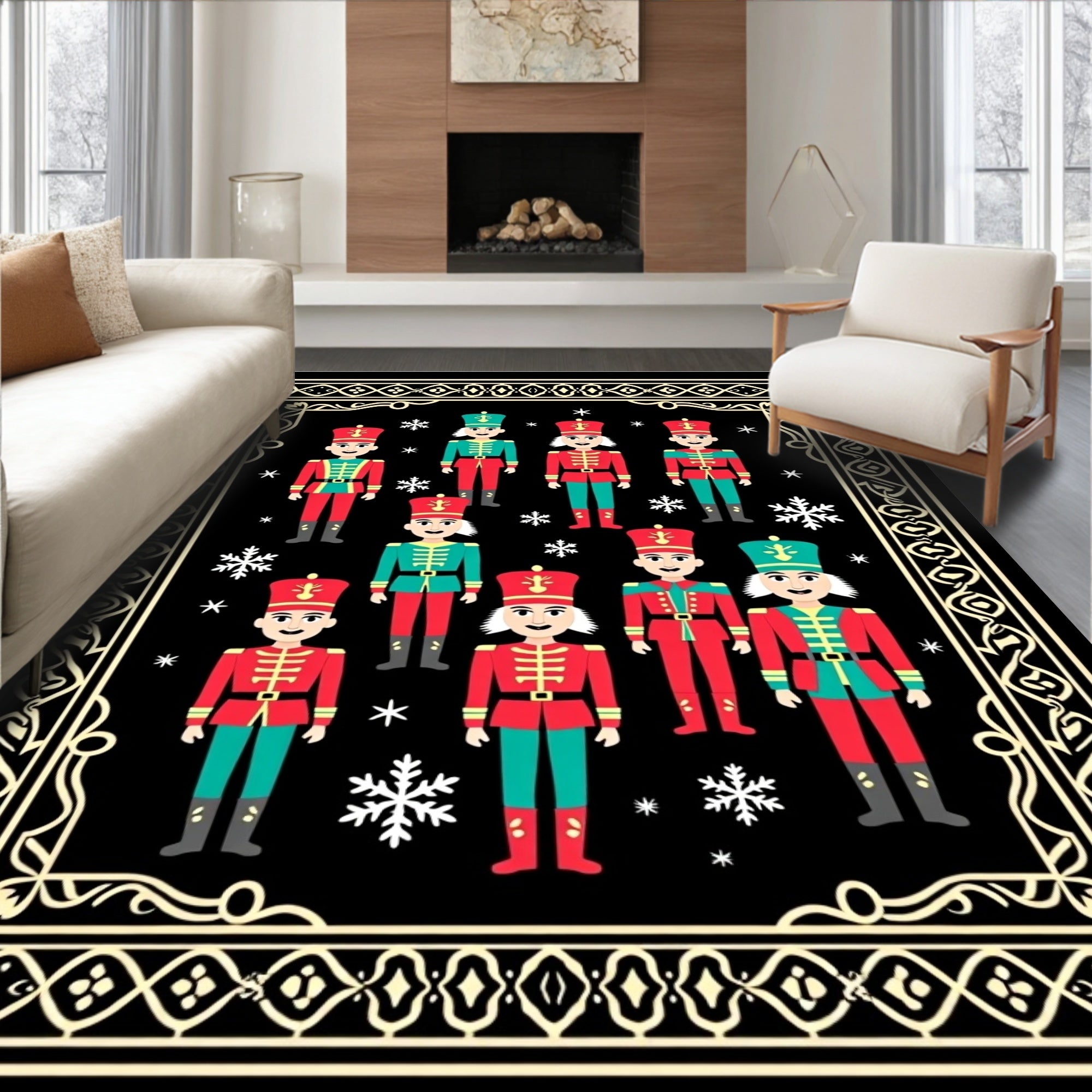 Joyful Red Turquoise Nutcracker Figures Rug