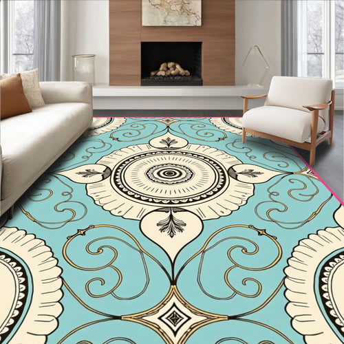 Aqua Cream Black Medallion Swirl Rug