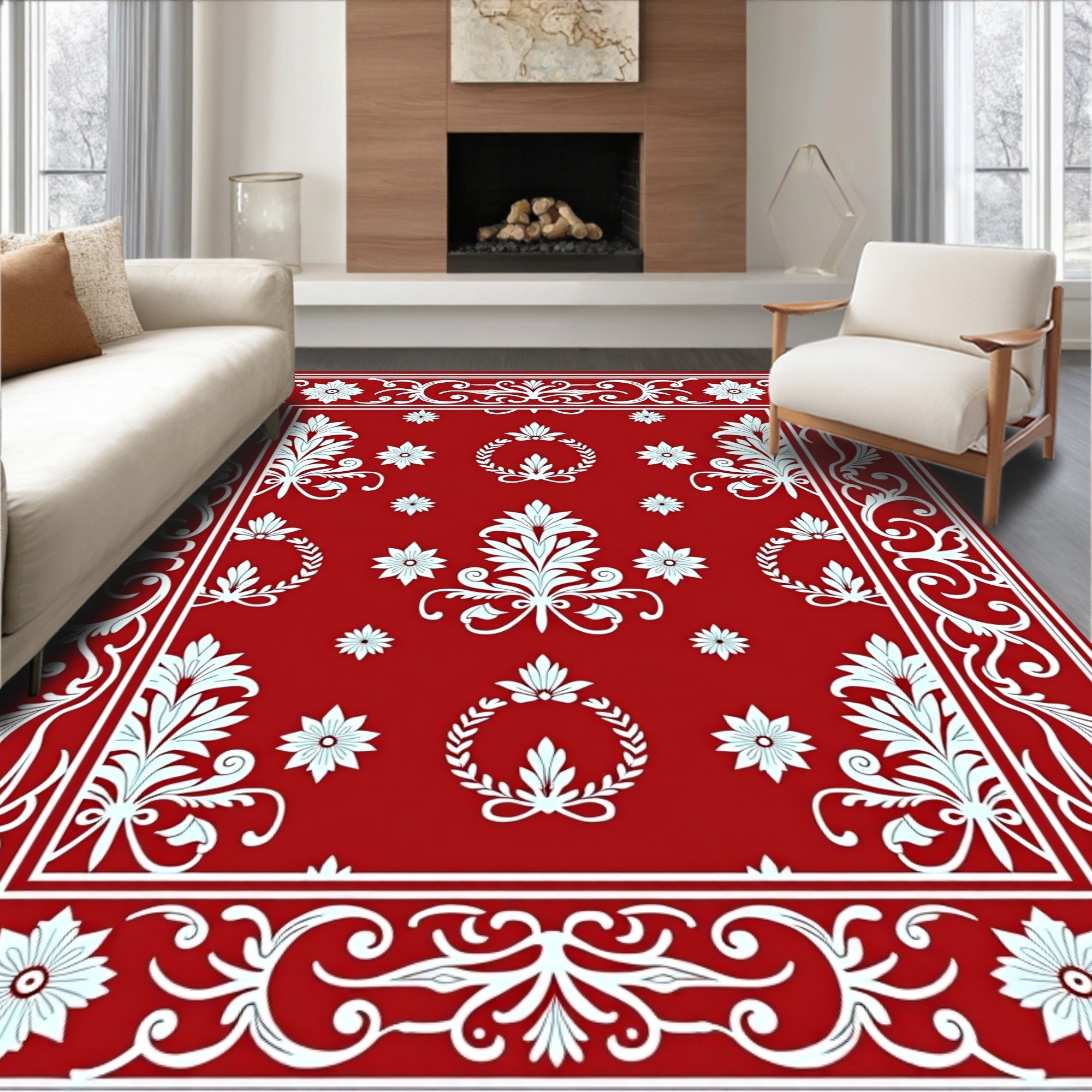 Crimson White Floral Laurel Medallion Runner Rug