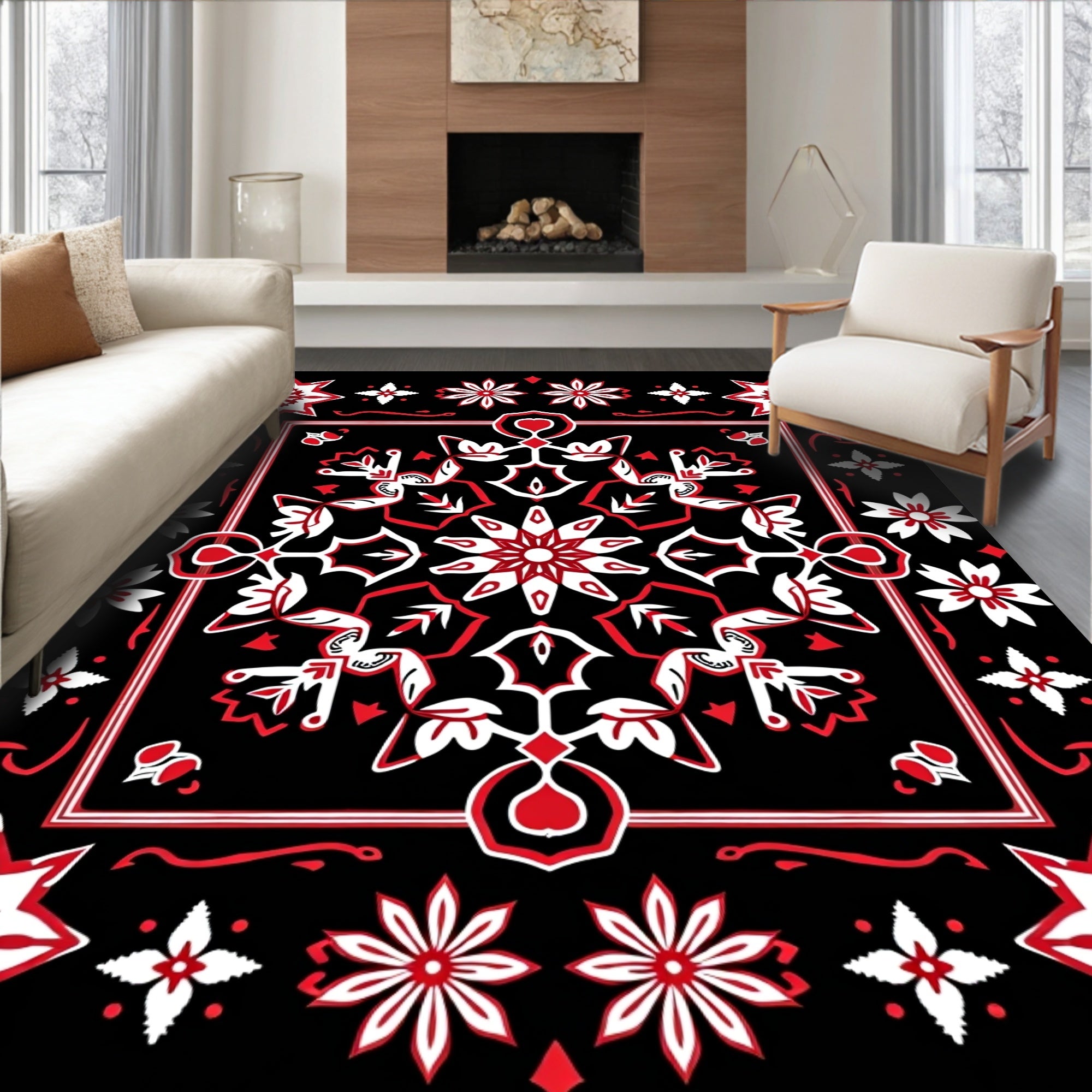 Bold Black Red Floral Starburst Rug