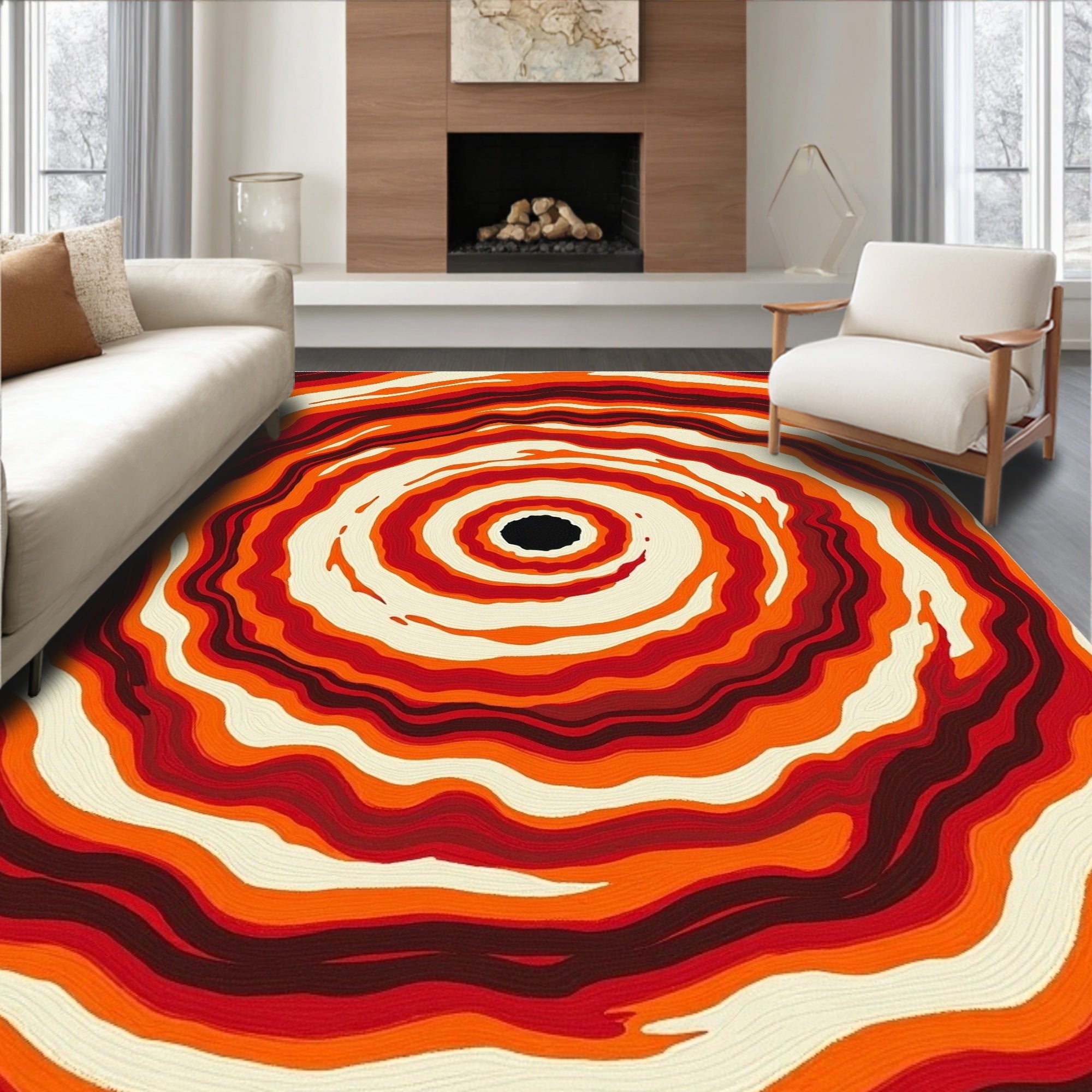Crimson Orange Abstract Concentric Waves Rug