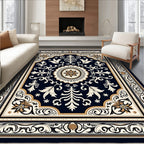 Dark Navy Floral Medallion Border Rug