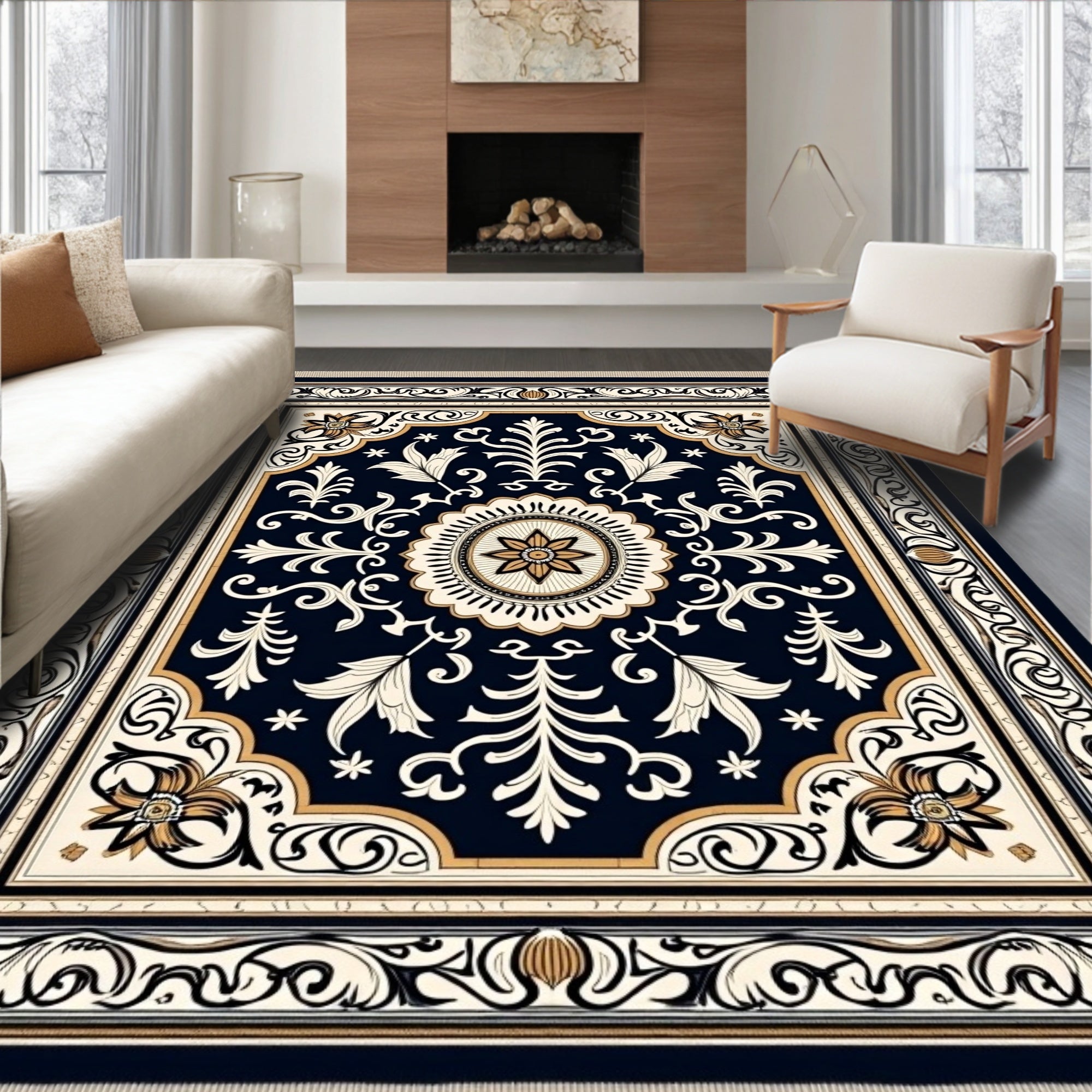 Dark Navy Floral Medallion Border Rug