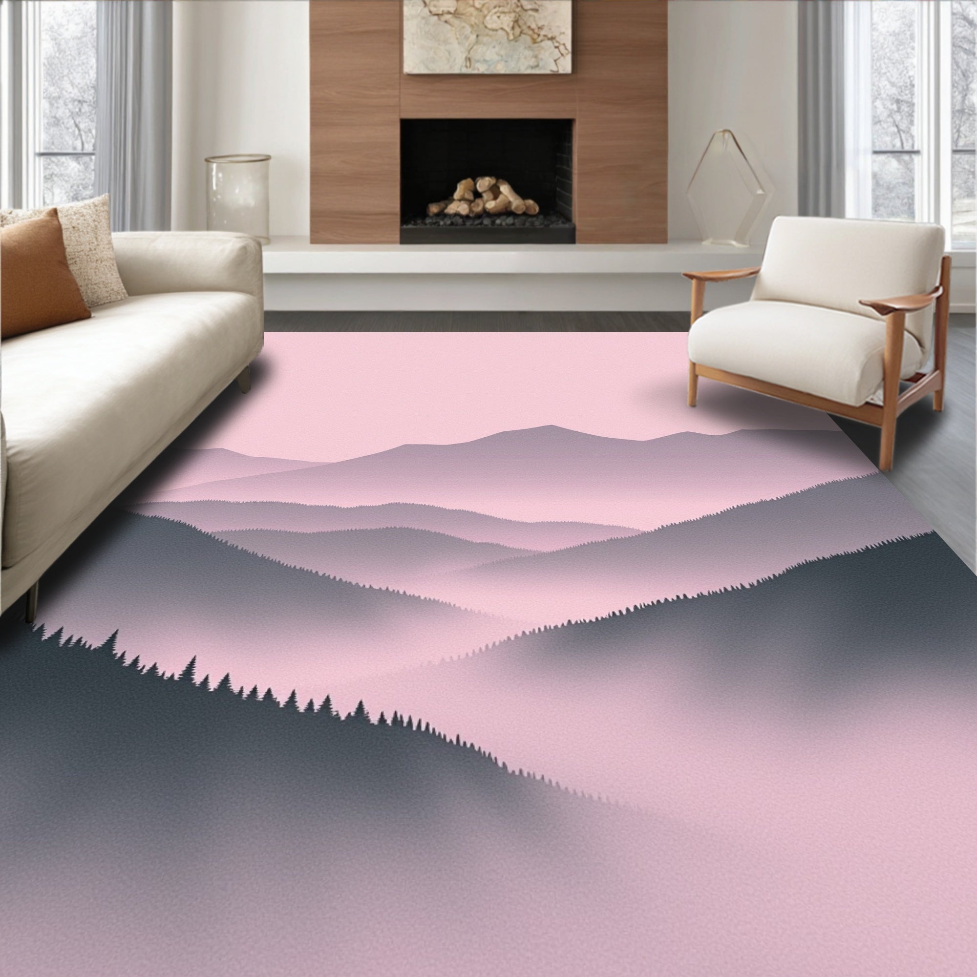 Misty Pink Mountain Horizon Landscape Rug