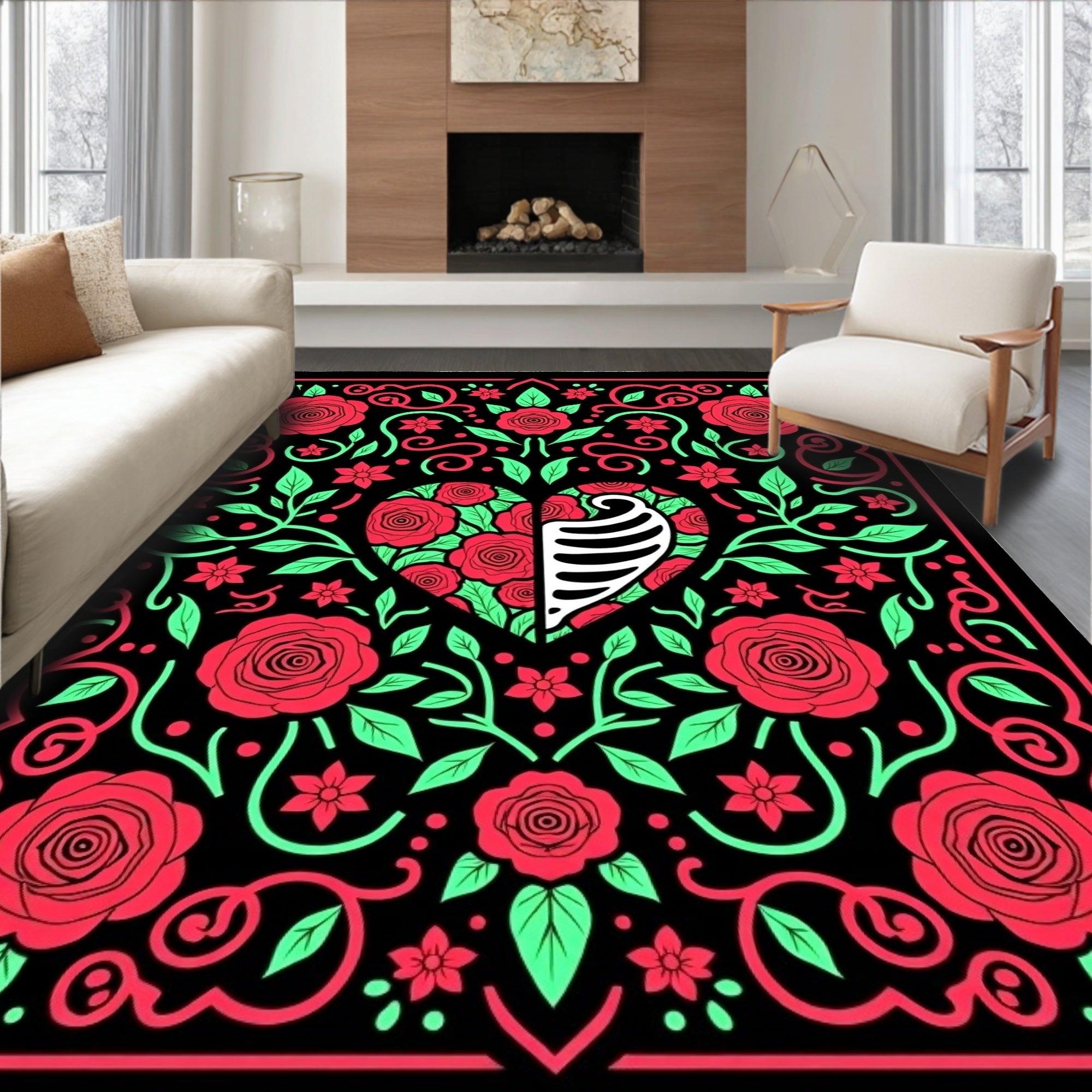 Bold Heart Floral Skeleton Rug