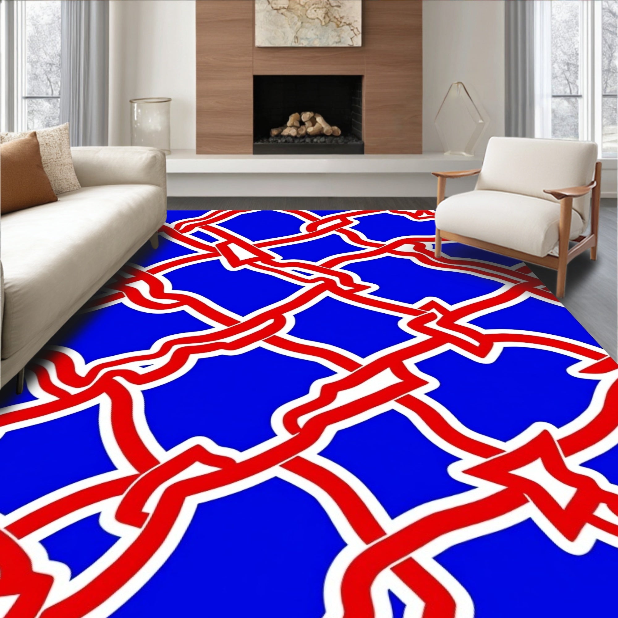 Bold Red White Intertwined Net Rug