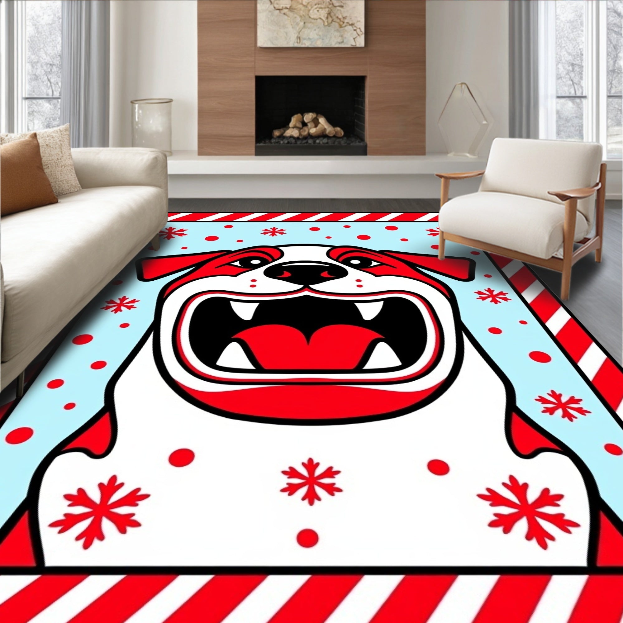 Red White Bulldog Snowflakes Candy Cane Border Rug