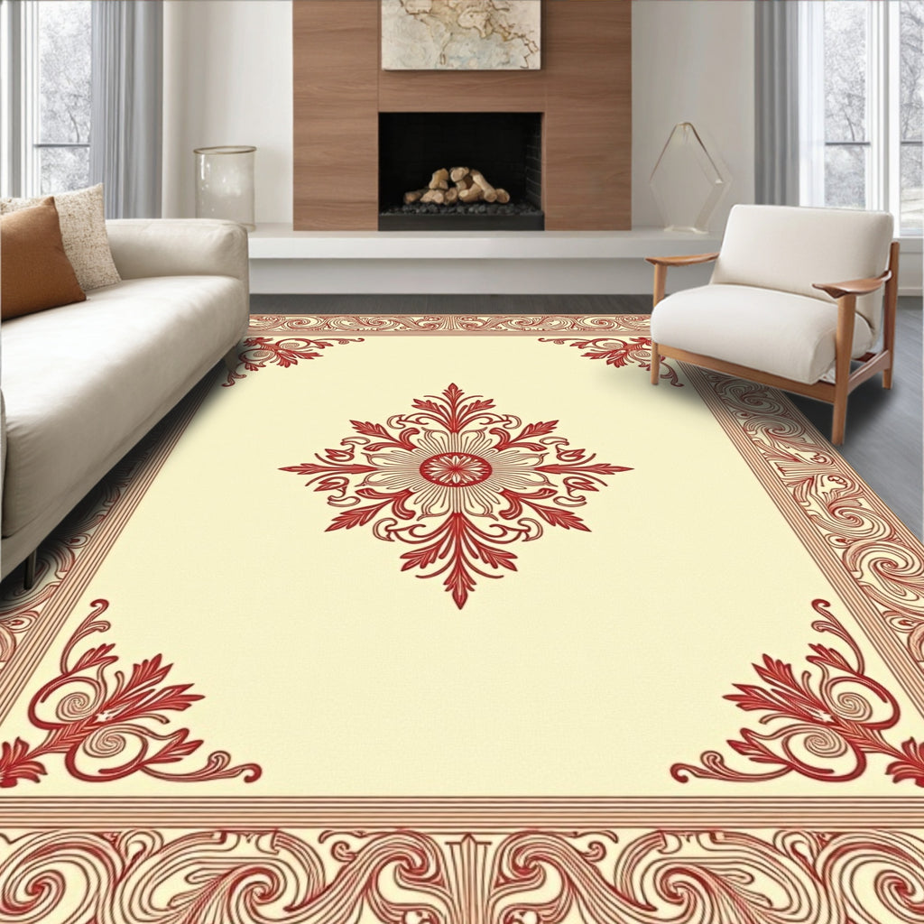 Crimson Floral Border Cream Center Rug