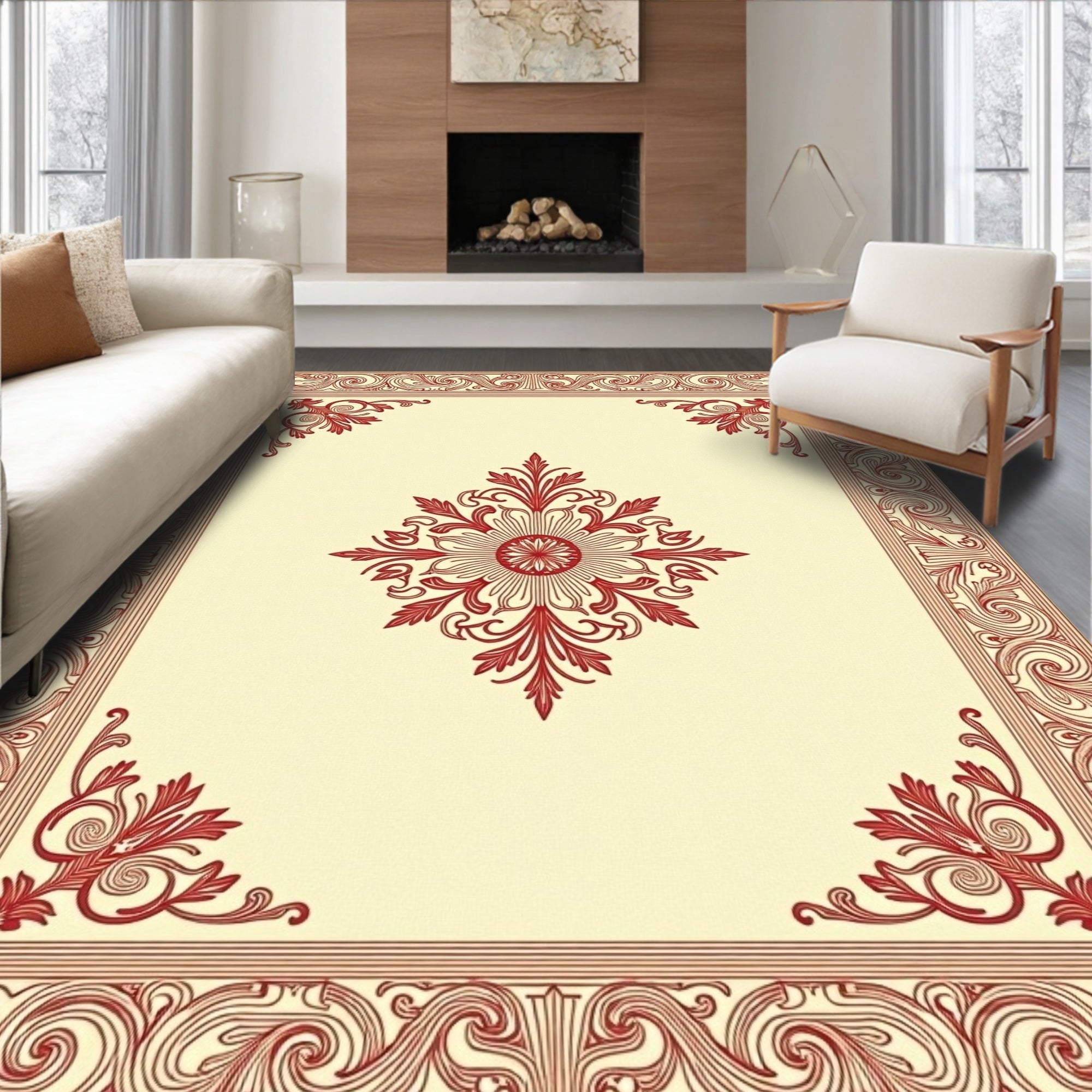 Crimson Floral Border Cream Center Rug