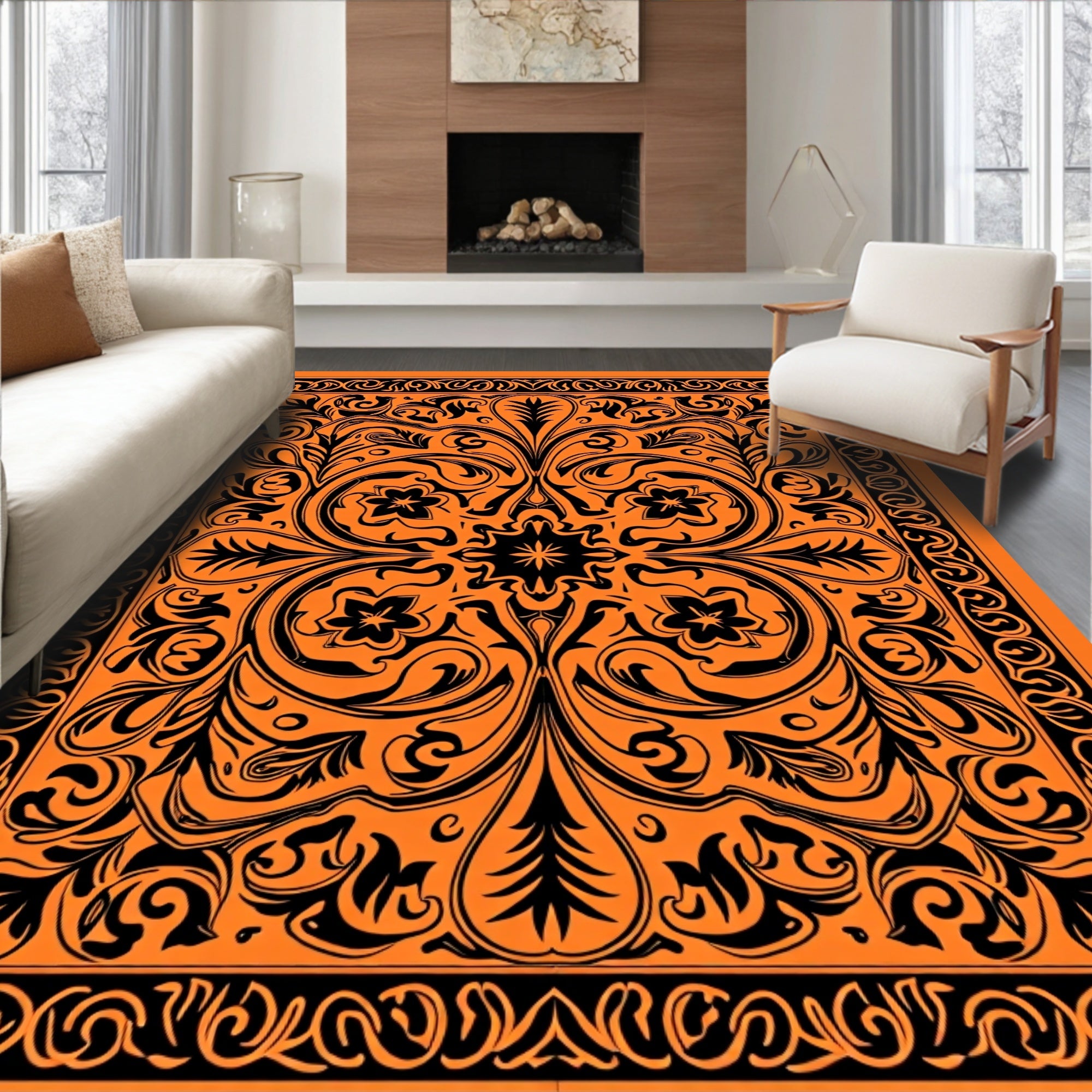 Bold Orange Black Floral Scroll Rug