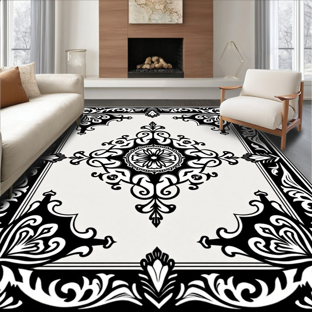 Classic Black White Medallion Floral Rug