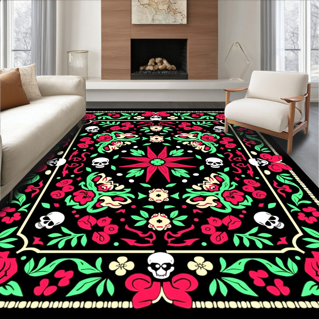 Gothic Floral Skull Medallion Black Rug