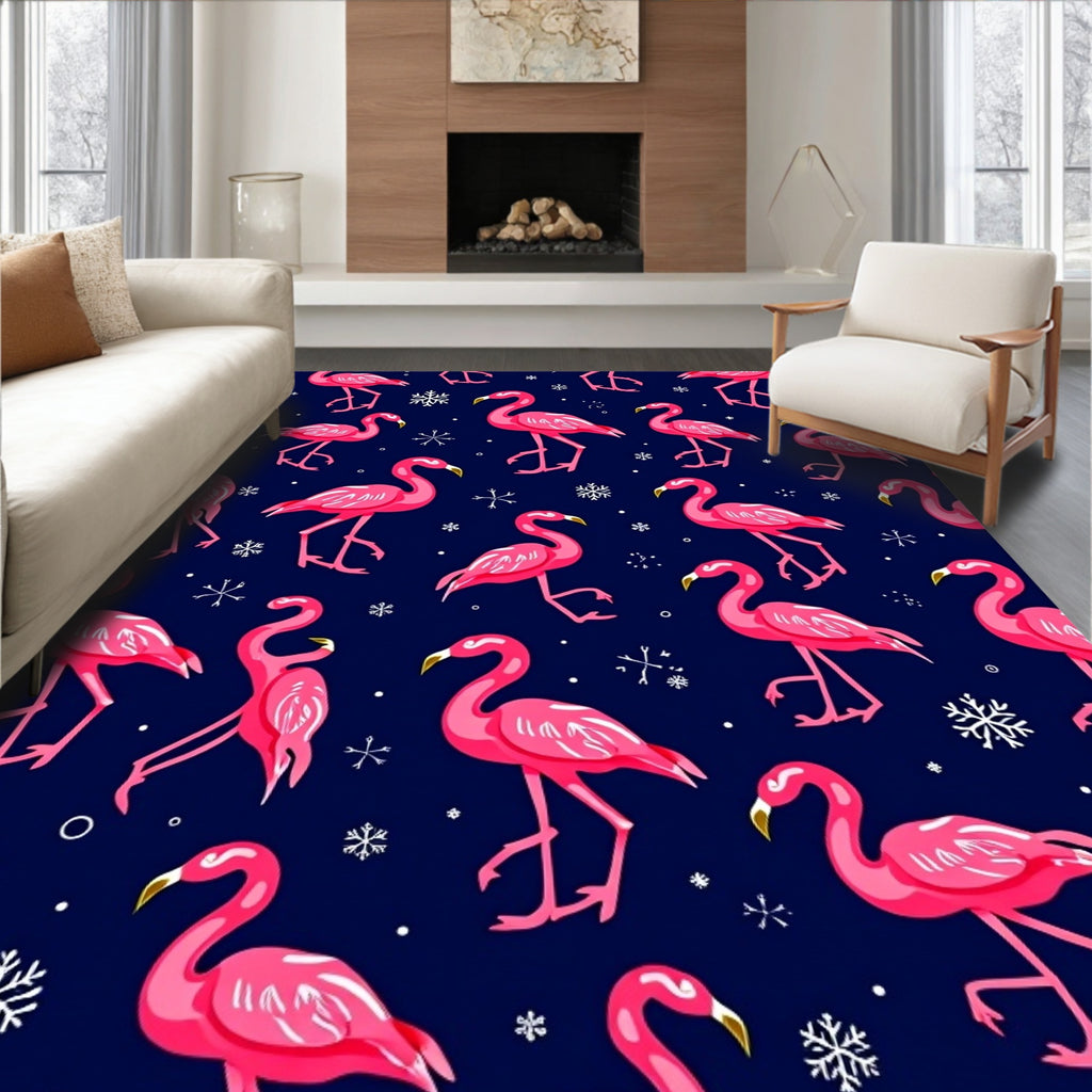 Hot Pink Flamingo Snowflakes Navy Rug