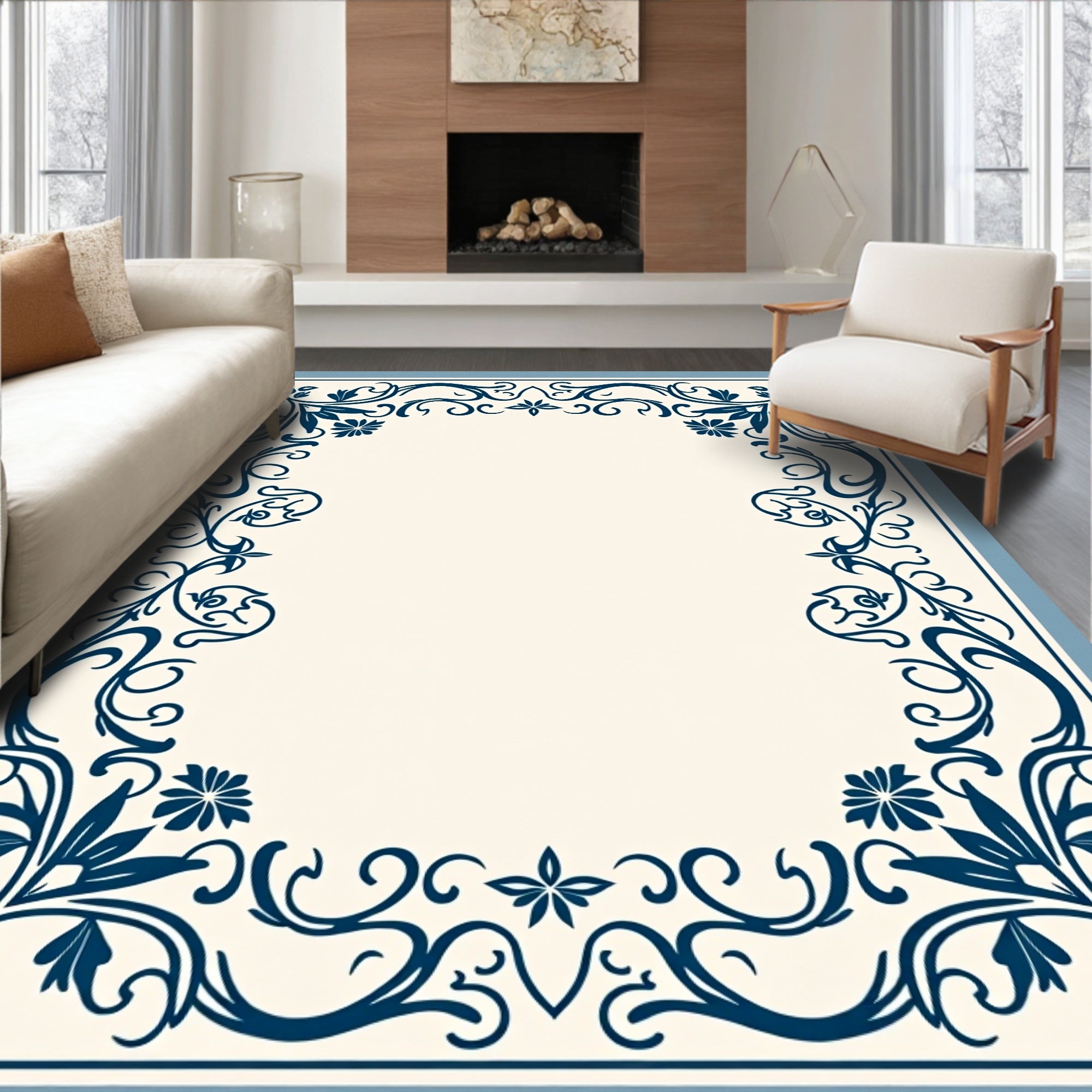 Deep Blue Vintage Floral Scroll Rug