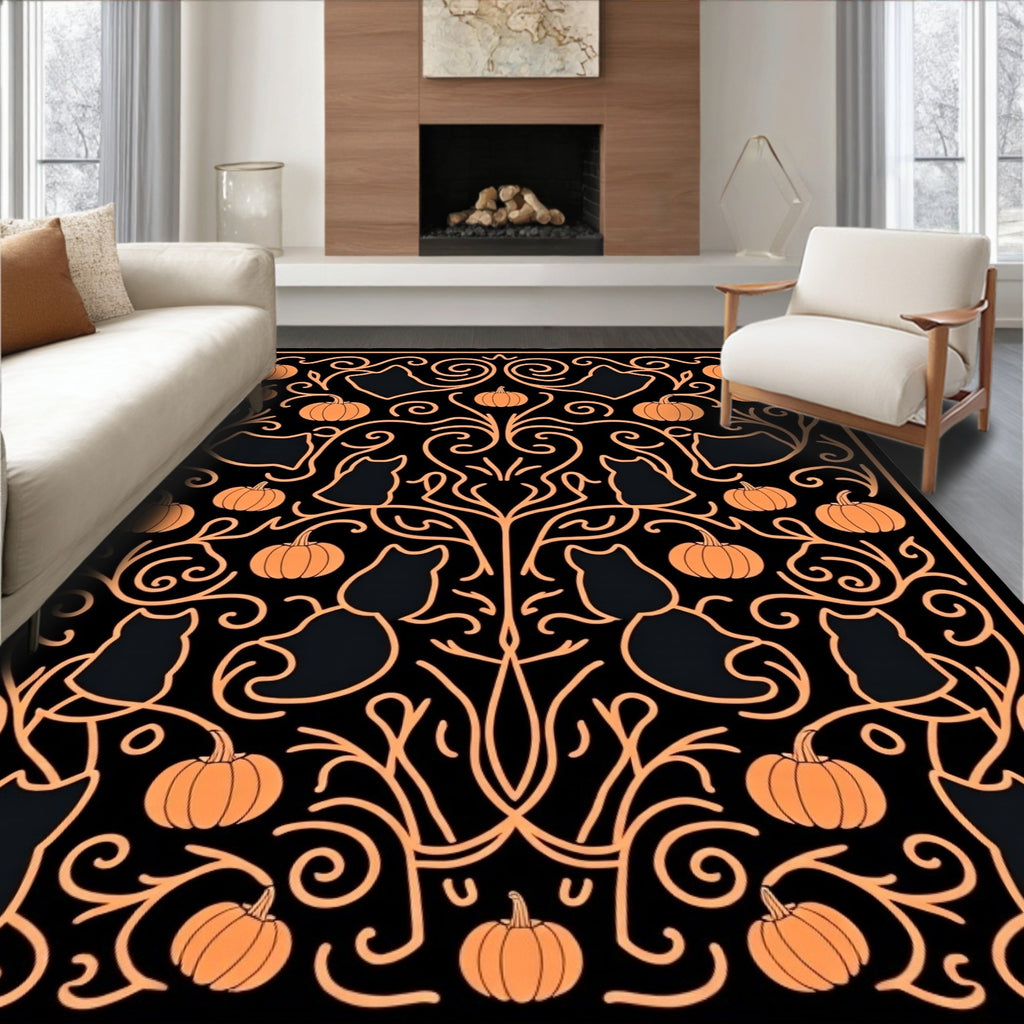 Orange Black Cat Pumpkin Vine Rug