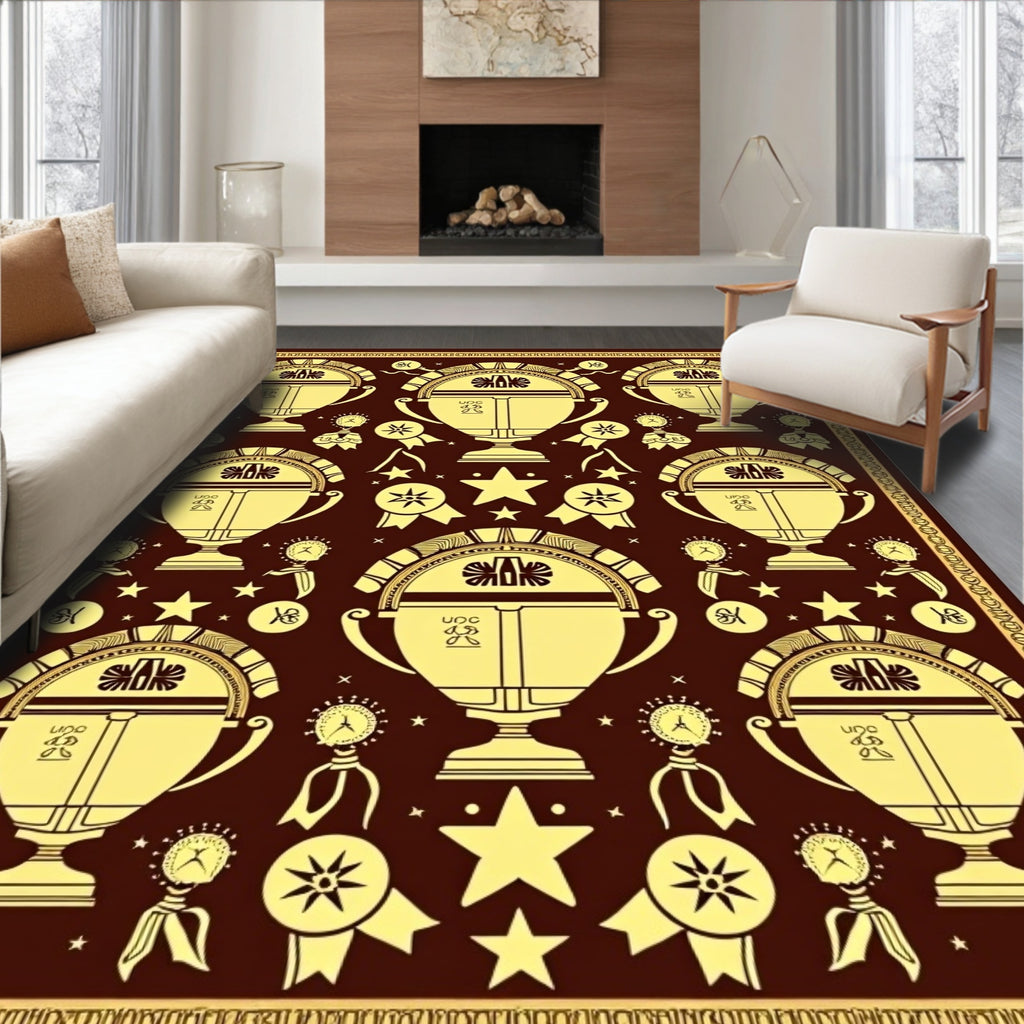 Victorious Gold Trophy Emblem Deep Red Rug