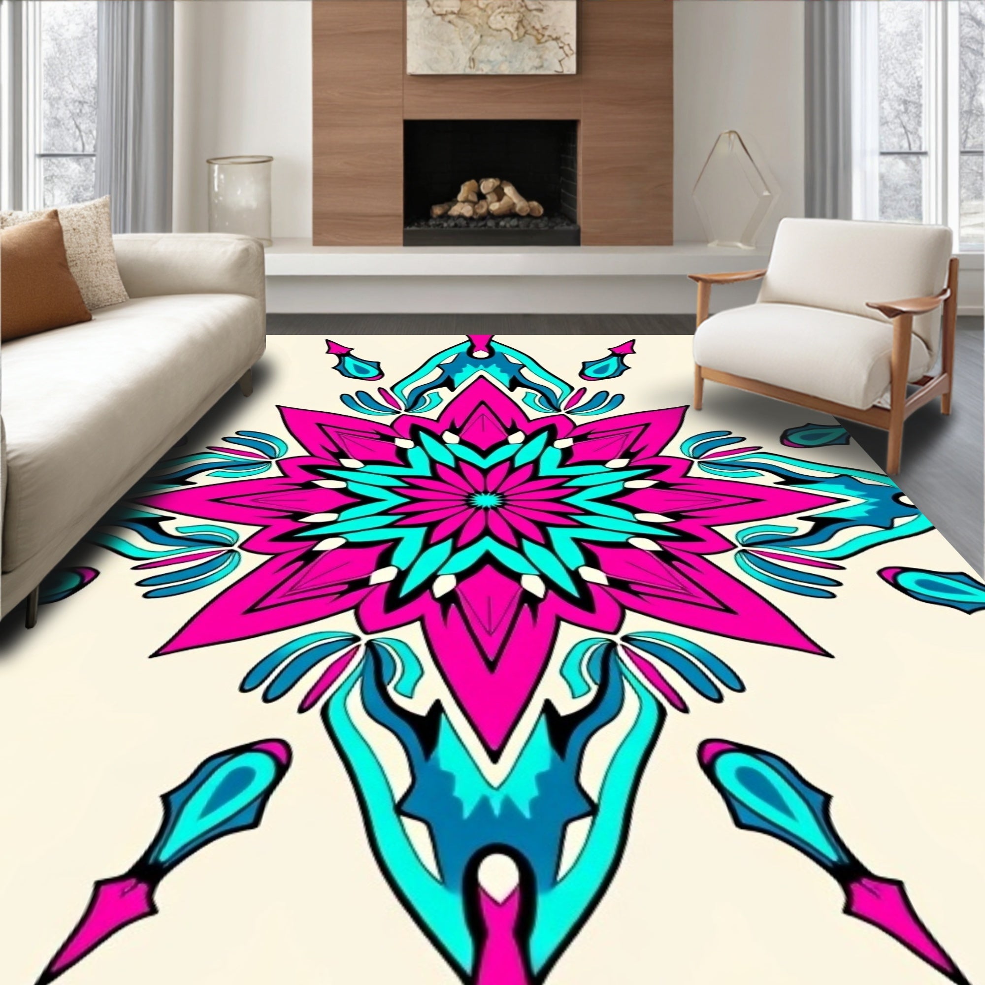 Vibrant Fuchsia Teal Starburst Medallion Rug