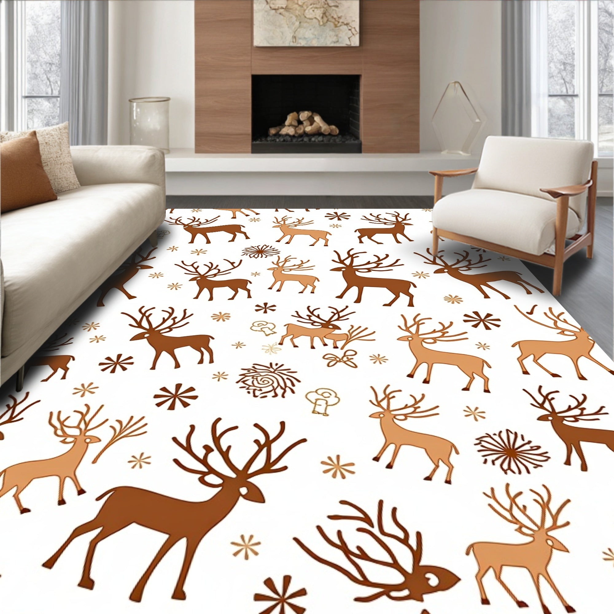Brown and Tan Reindeer Festive Snowflake Collection Rug