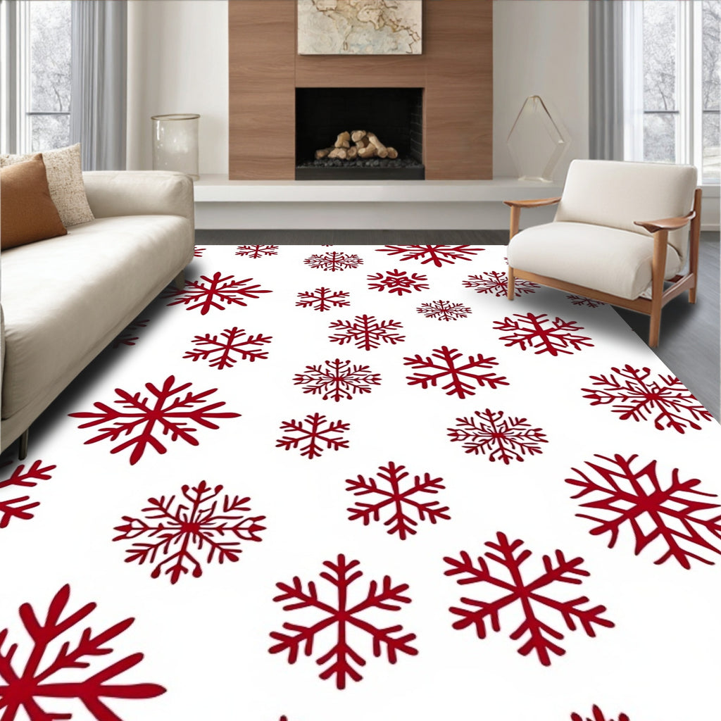 Deep Red Snowflakes Scattered Design Rug