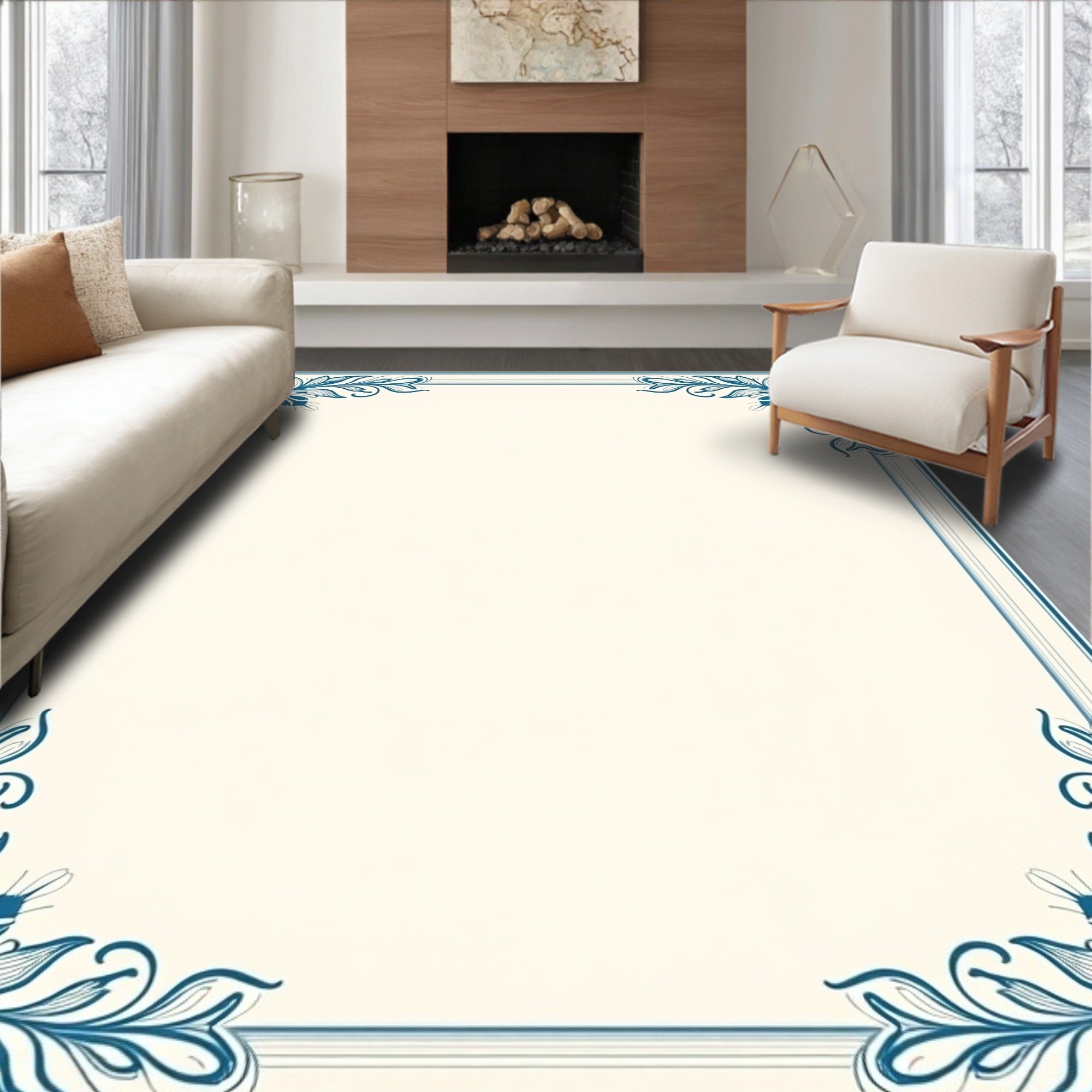 Classic Blue Floral Corner Border Rug
