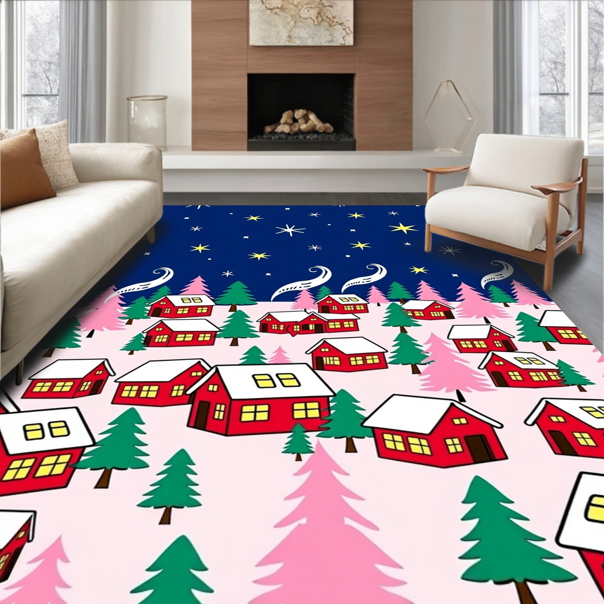 Whimsical Red Homes Starry Night Rug