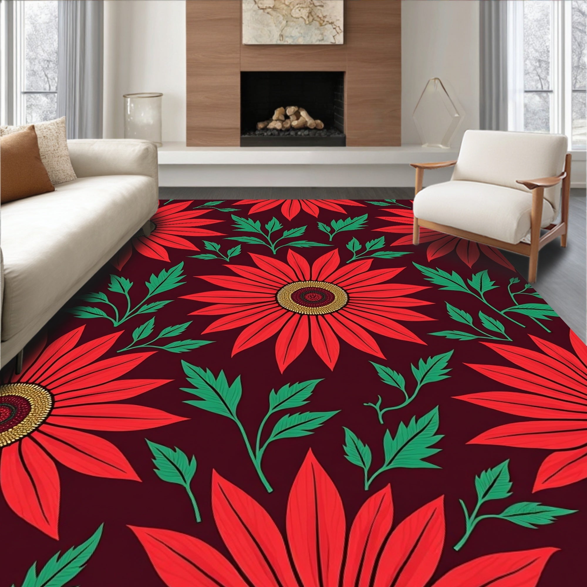 Vibrant Red Flower Garden Rug