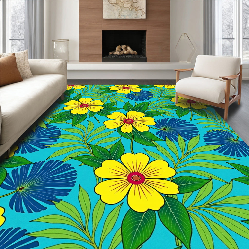 Bright Yellow Floral Tropical Jungle Rug
