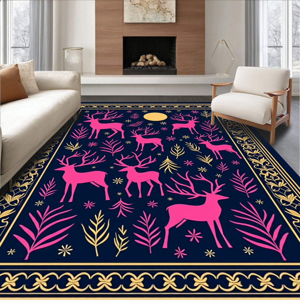 Pink Deer Moon Evening Border Rug