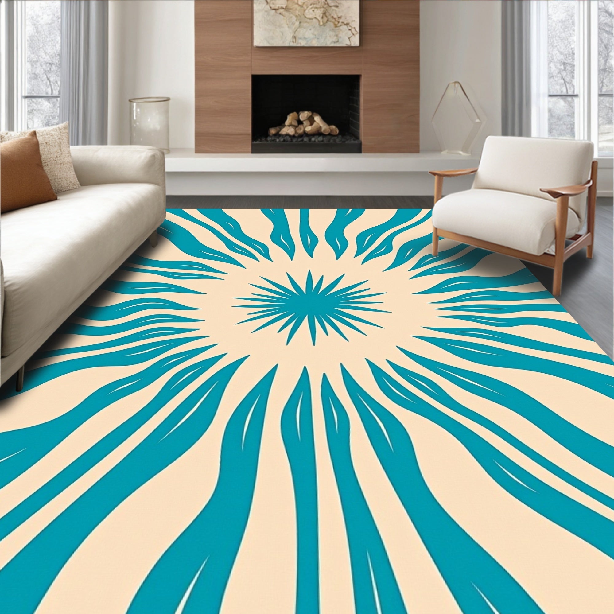 Teal Burst Sunburst Rays Rug